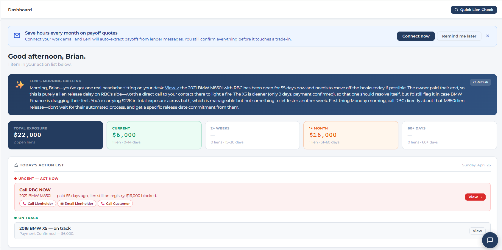 Leni dashboard showing AI morning briefing, action list, and total exposure across open liens